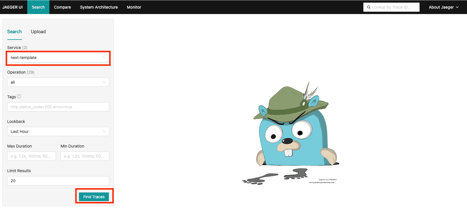 Jaeger find traces - select service and click Find Traces
